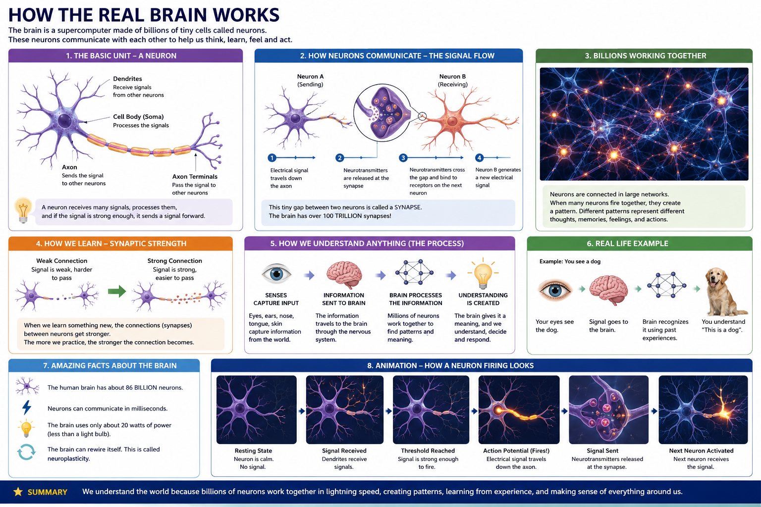 Infographic titled How the real brain works. It shows the parts of a neuron (dendrites, cell body, axon, axon terminals), how two neurons communicate across a synapse using neurotransmitters, billions of neurons working together in networks, learning as synaptic connections getting stronger with practice, the process from senses to understanding, a real-life example of recognising a dog, brain facts, and the stages of a neuron firing.